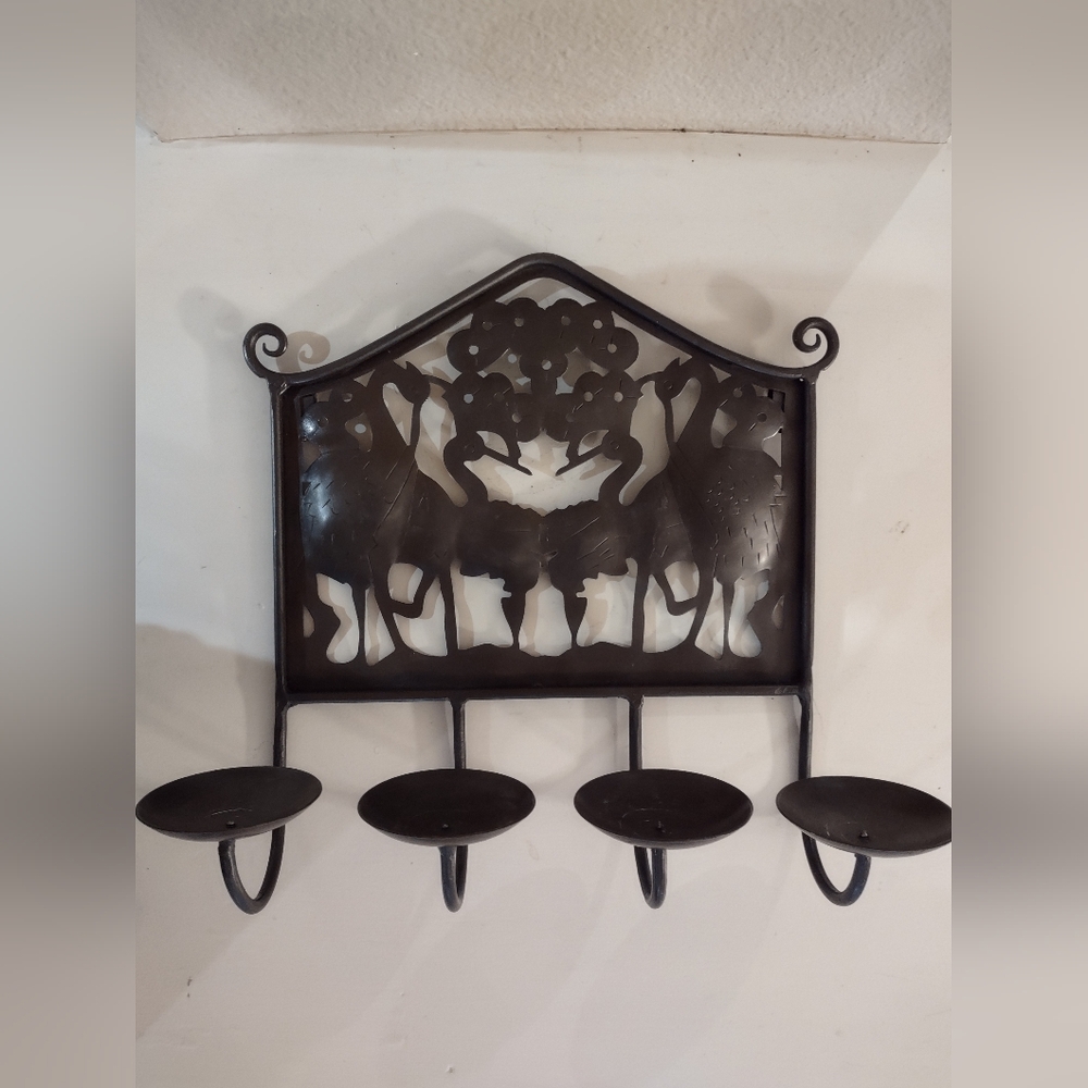Vintage Metal Art Iron Wall Mount Candle Holder Figural Herons Cranes Flowers